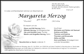Traueranzeige von Margareta Herzog von Pegnitz-Zeitung